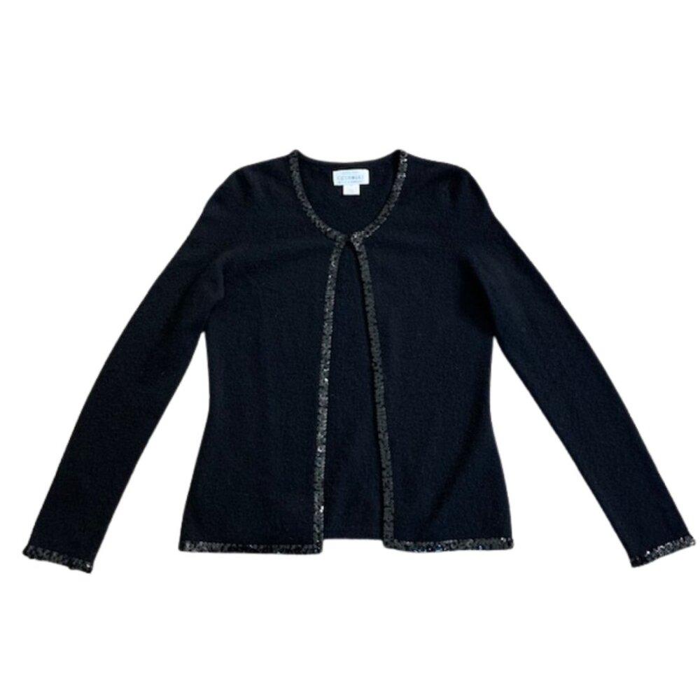 SUTTON STUDIO Cashmere Open Front Cardigan with Sequin Trim in Black MEDIUM